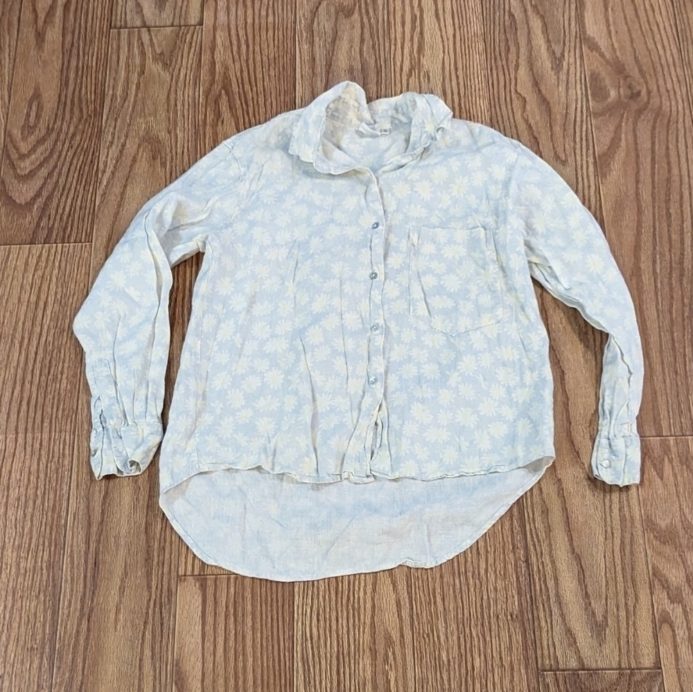 Allen Allen 100% linen daisy print hi-low button up blouse, size small